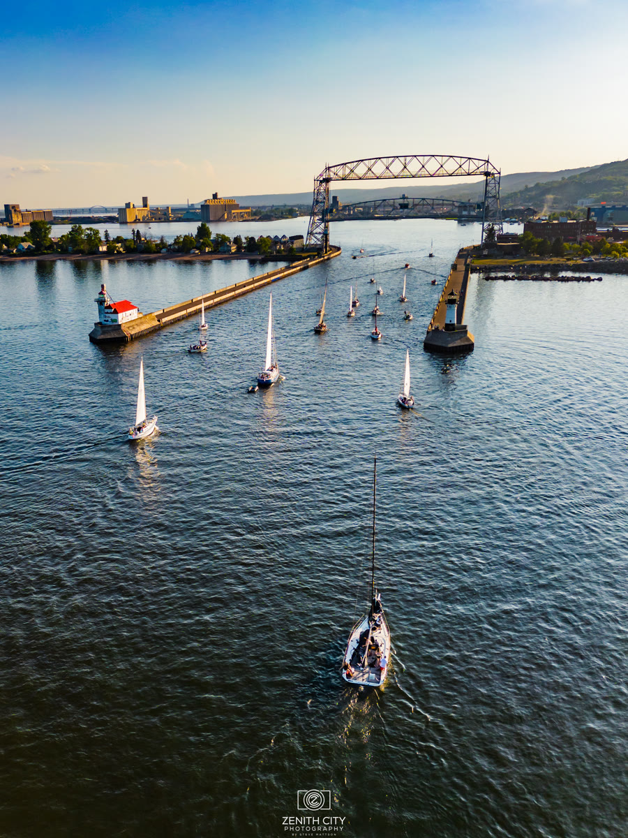 Aerial view of the Aerial Lift Bridge and sailboats